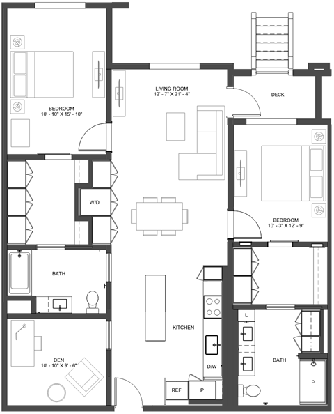 Floor plan for 2 beds, 2 baths, 1333 sqft